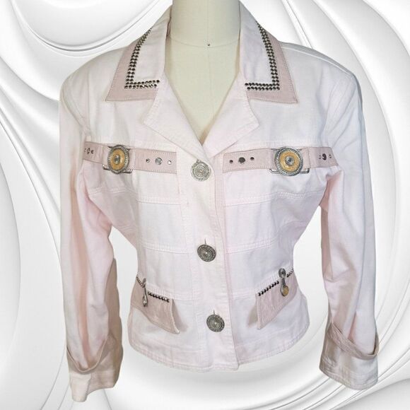 Cache vintage 80s soft pink rivet straps medallion faux leather denim jacket - Picture 1 of 6